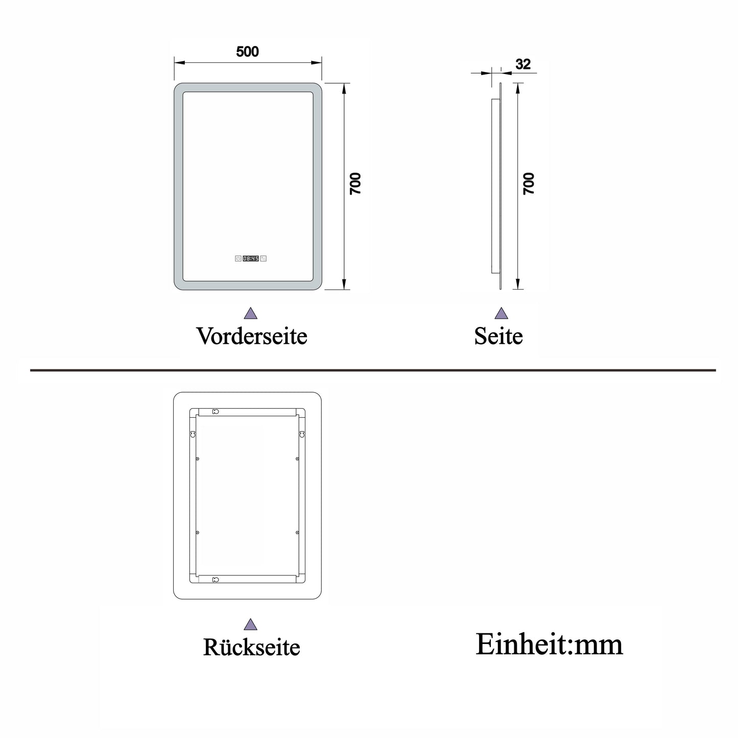 50x70cm LED Badspiegel mit Uhr,Touch,Beschlagfrei,Badspiegel mit Beleuchtung,Badezimmerspiegel mit 3 Lichtfarbe 2700-6500K Dimmbar,IP44