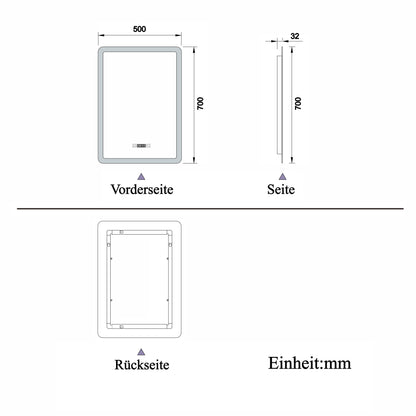 50x70cm LED Badspiegel mit Uhr,Touch,Beschlagfrei,Badspiegel mit Beleuchtung,Badezimmerspiegel mit 3 Lichtfarbe 2700-6500K Dimmbar,IP44