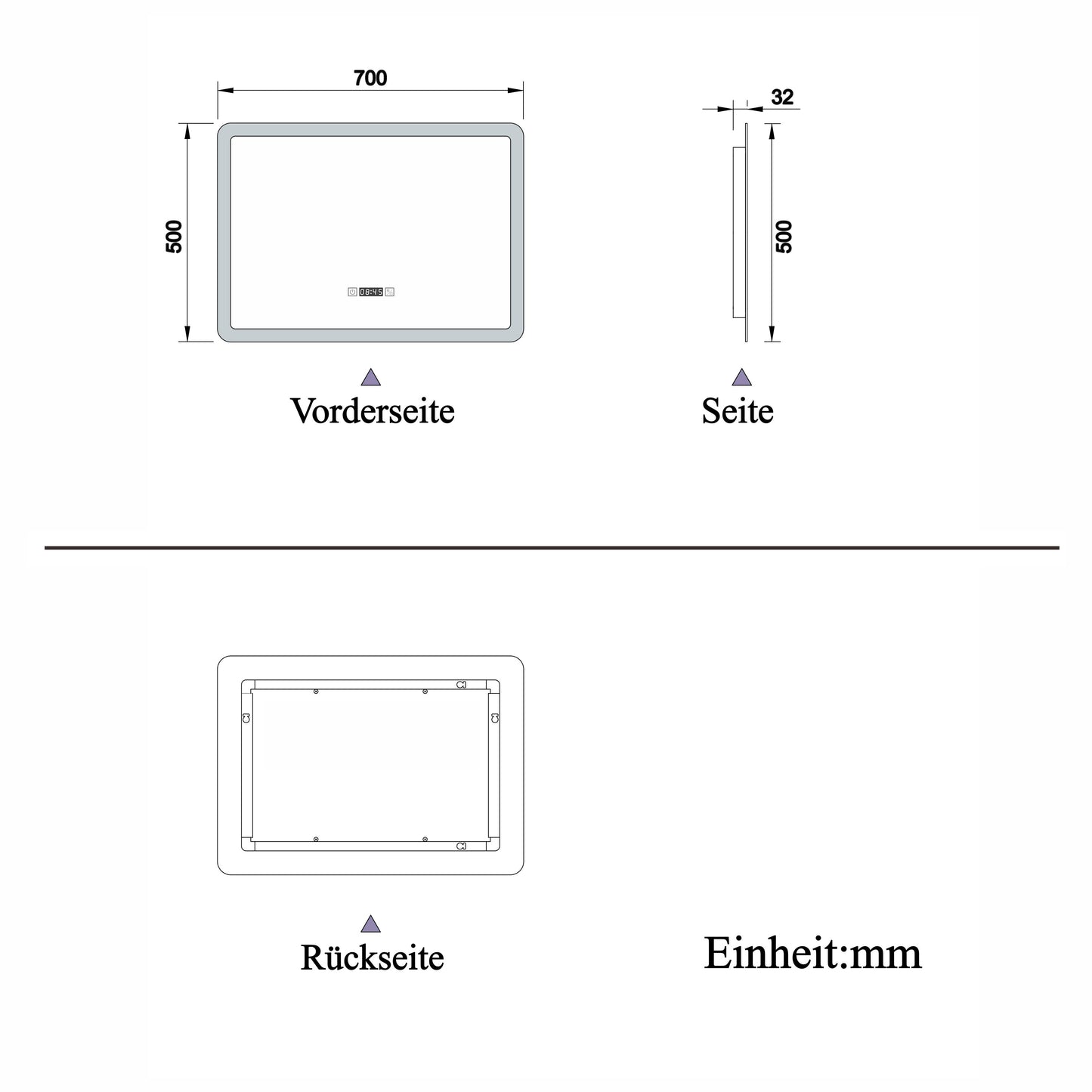 70x50cm LED Badspiegel mit Uhr,Touch-Schalter,Badspiegel mit Beleuchtung,Beschlagfrei,Badezimmerspiegel mit 3 Lichtfarbe 2700-6500K Dimmbar,IP44