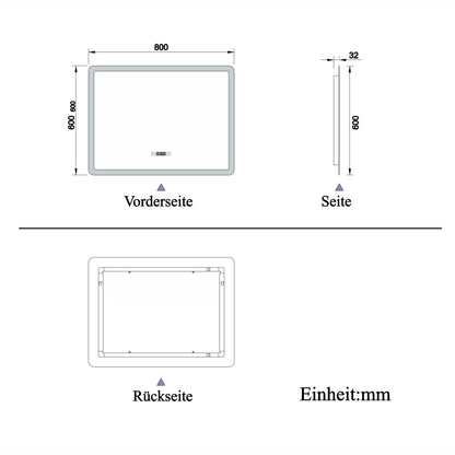 80x60cm LED Badspiegel mit Uhr,Touch-Schalter,Badspiegel mit Beleuchtung,Beschlagfrei,Badezimmerspiegel mit 3 Lichtfarbe 2700-6500K Dimmbar,IP44