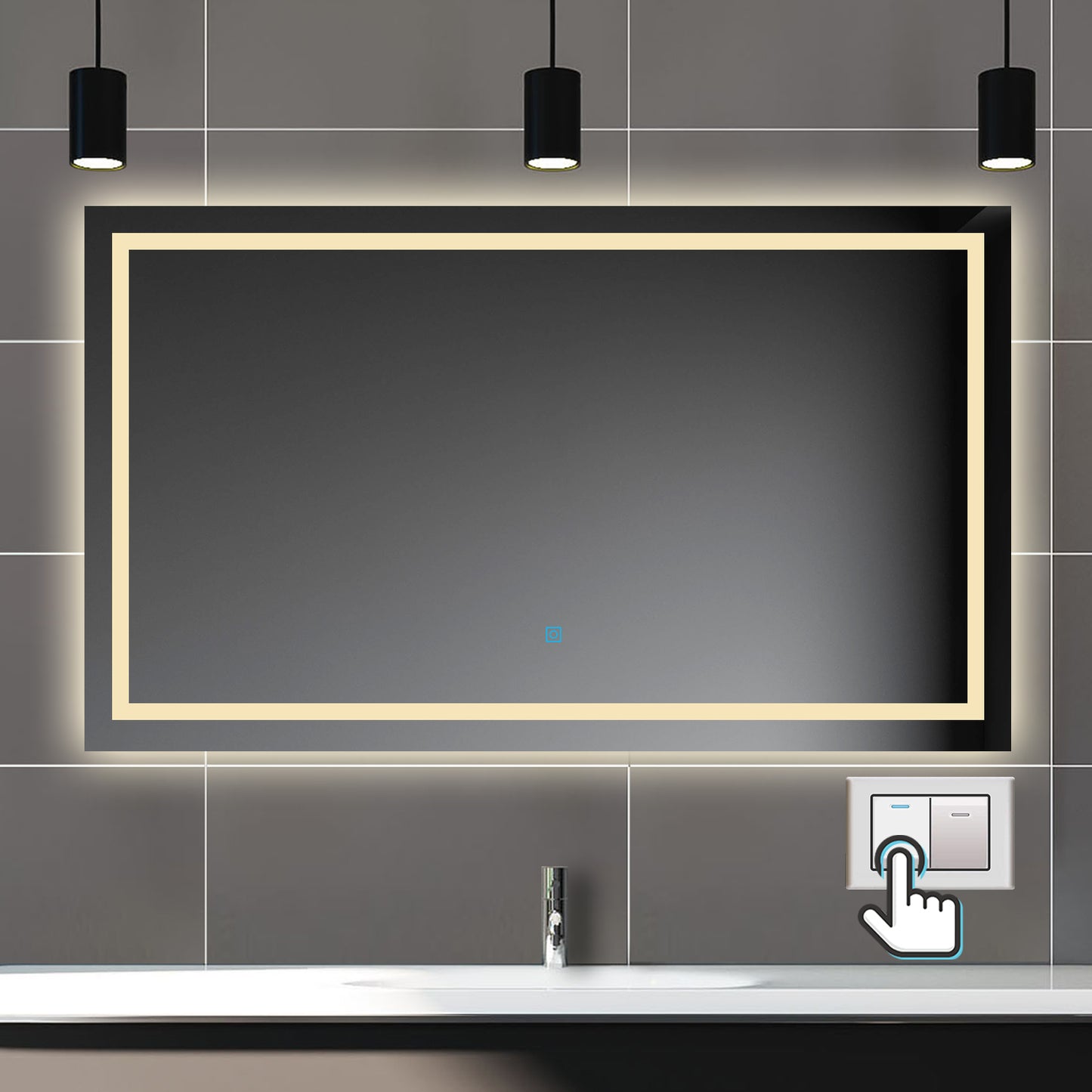 Badspiegel mit Beleuchtung,80x60cm LED Wandspiegel mit Wandschalter/Wandschalter/Touch-Schalter,Beschlagfrei,Badezimmerspiegel mit 3 Lichtfarbe 2700-6500K Dimmbar,IP44