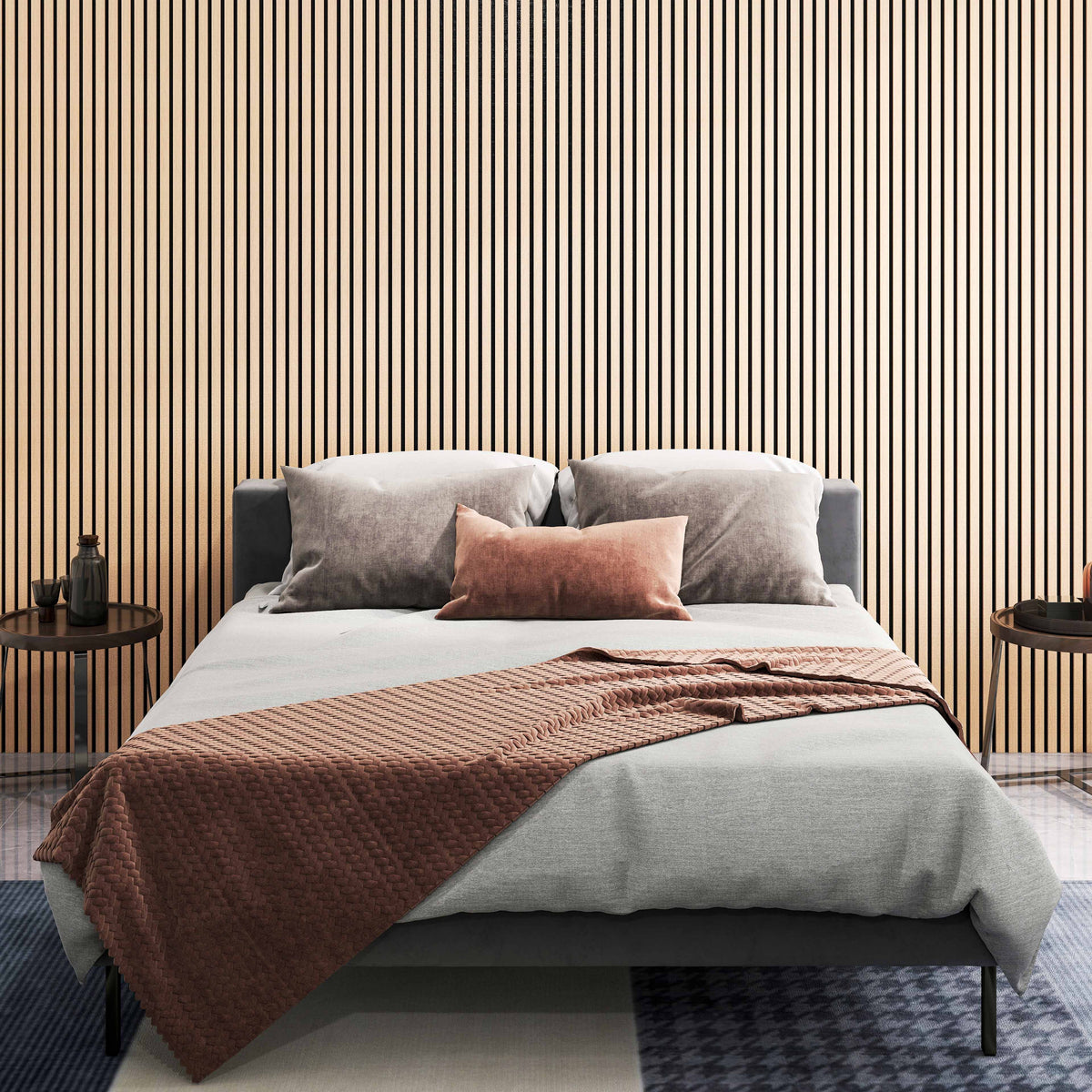 [TX3] Akustikpaneele Dunkle Eiche – Schlafzimmer Wandgestaltung