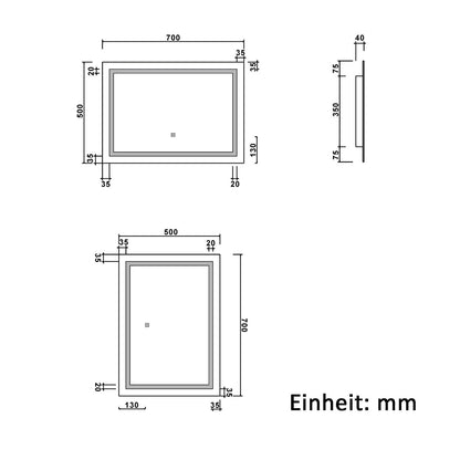 Badspiegel mit Beleuchtung,70x50cm LED Wandspiegel mit Wandschalter/Touch-Schalter,Beschlagfrei,Badezimmerspiegel mit 3 Lichtfarbe 2700-6500K Dimmbar,IP44