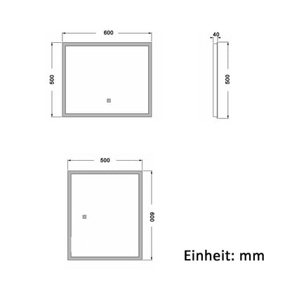 60x50cm LED Badspiegel mit Wandschalter/Touchschalter,Badspiegel mit Beleuchtung,Beschlagfrei,Badezimmerspiegel mit 3 Lichtfarbe 3000-6000K Dimmbar,IP44