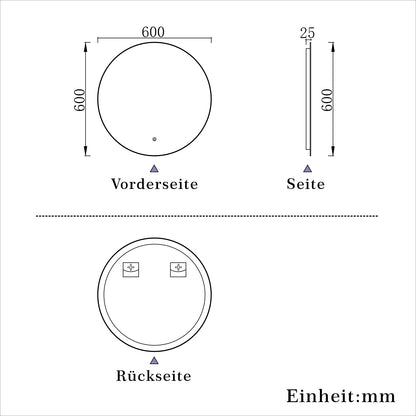 LED Badspiegel Rund 60cm Wand/Touchschalter Beschlagfrei Kaltweiß Dimmbar Badspiegel mit Beleuchtung Badezimmerspiegel Lichtspiegel IP44