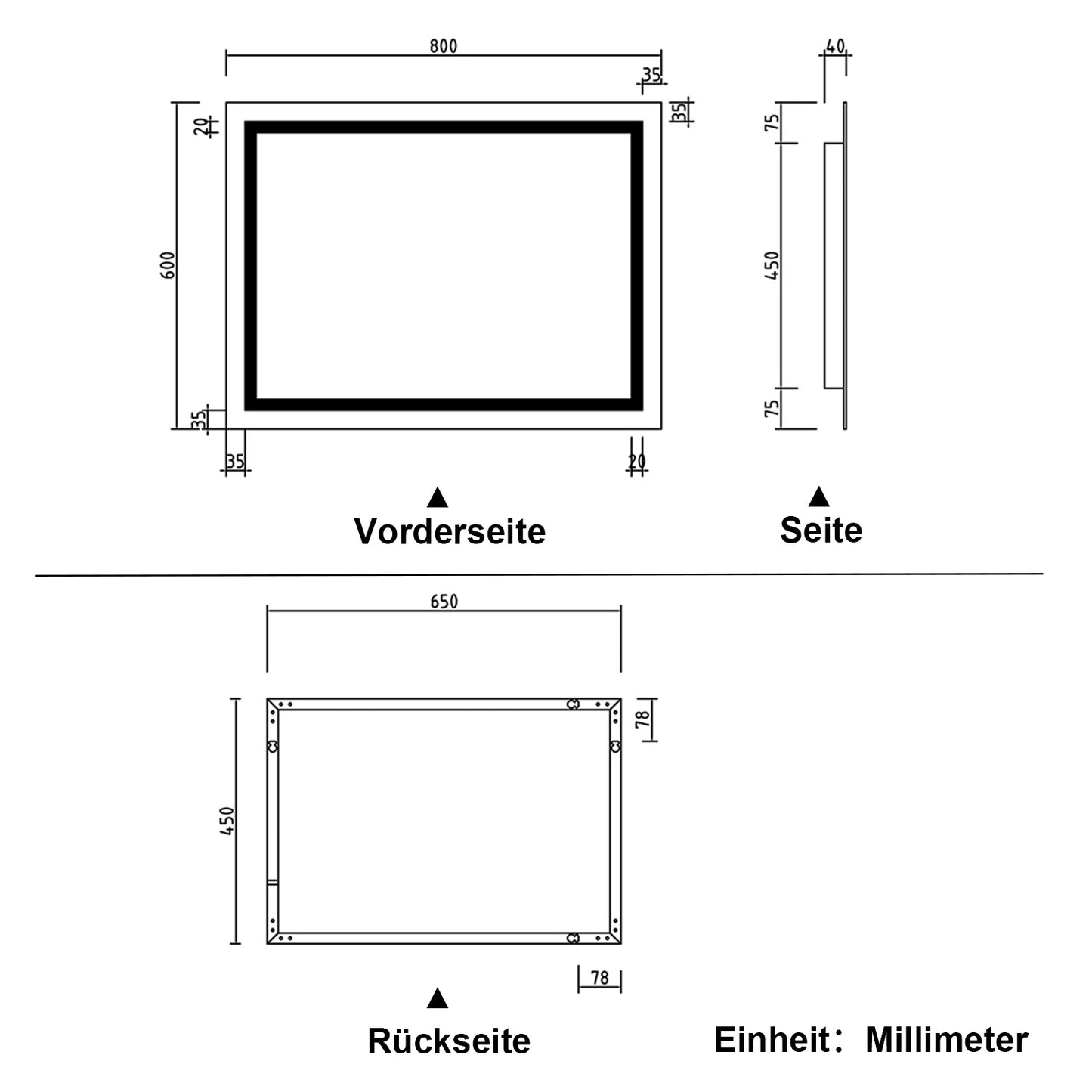 Badspiegel mit Beleuchtung 80x60cm LED Wandspiegel mit Wand-Schalter Beschlagfrei Lichtspiegel Badezimmerspiegel Kaltweiß IP44