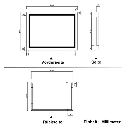 Badspiegel mit Beleuchtung 80x60cm LED Wandspiegel mit Wand-Schalter Beschlagfrei Lichtspiegel Badezimmerspiegel Kaltweiß IP44