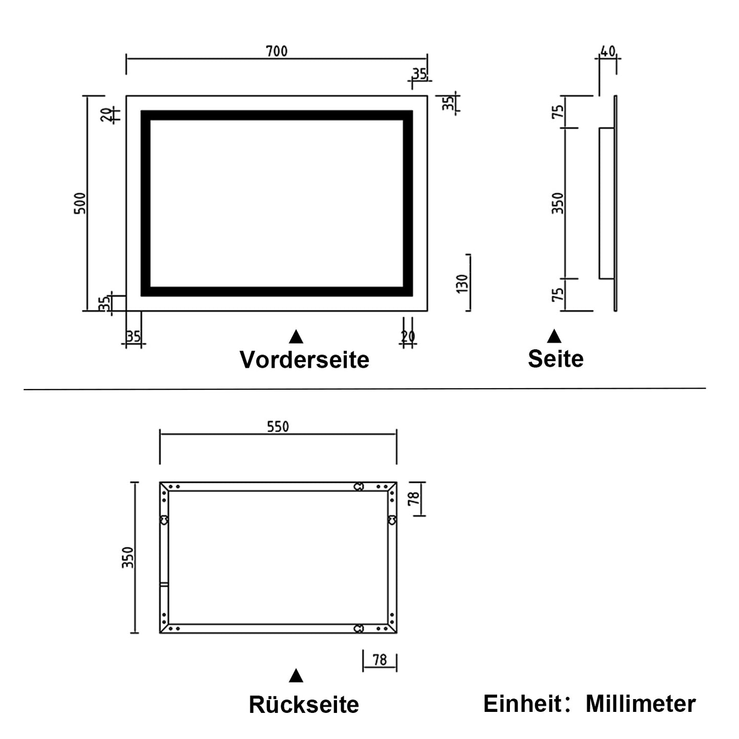 Badspiegel mit Beleuchtung 70x50cm LED Wandspiegel mit Wand-Schalter Beschlagfrei Lichtspiegel Badezimmerspiegel Kaltweiß IP44