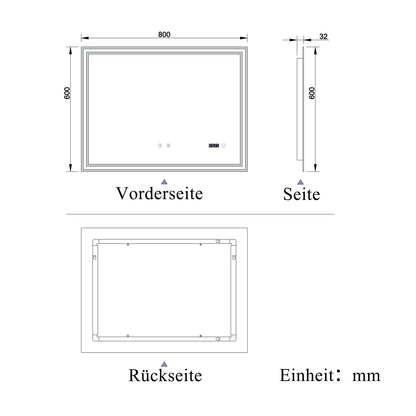 Badspiegel mit Beleuchtung 80x60cm LED Wandspiegel mit Touch,Bluetooth und Uhr,Badezimmerspiegel Beschlagfrei 3 Lichtfarbe 2700-6500K Dimmbar,IP44