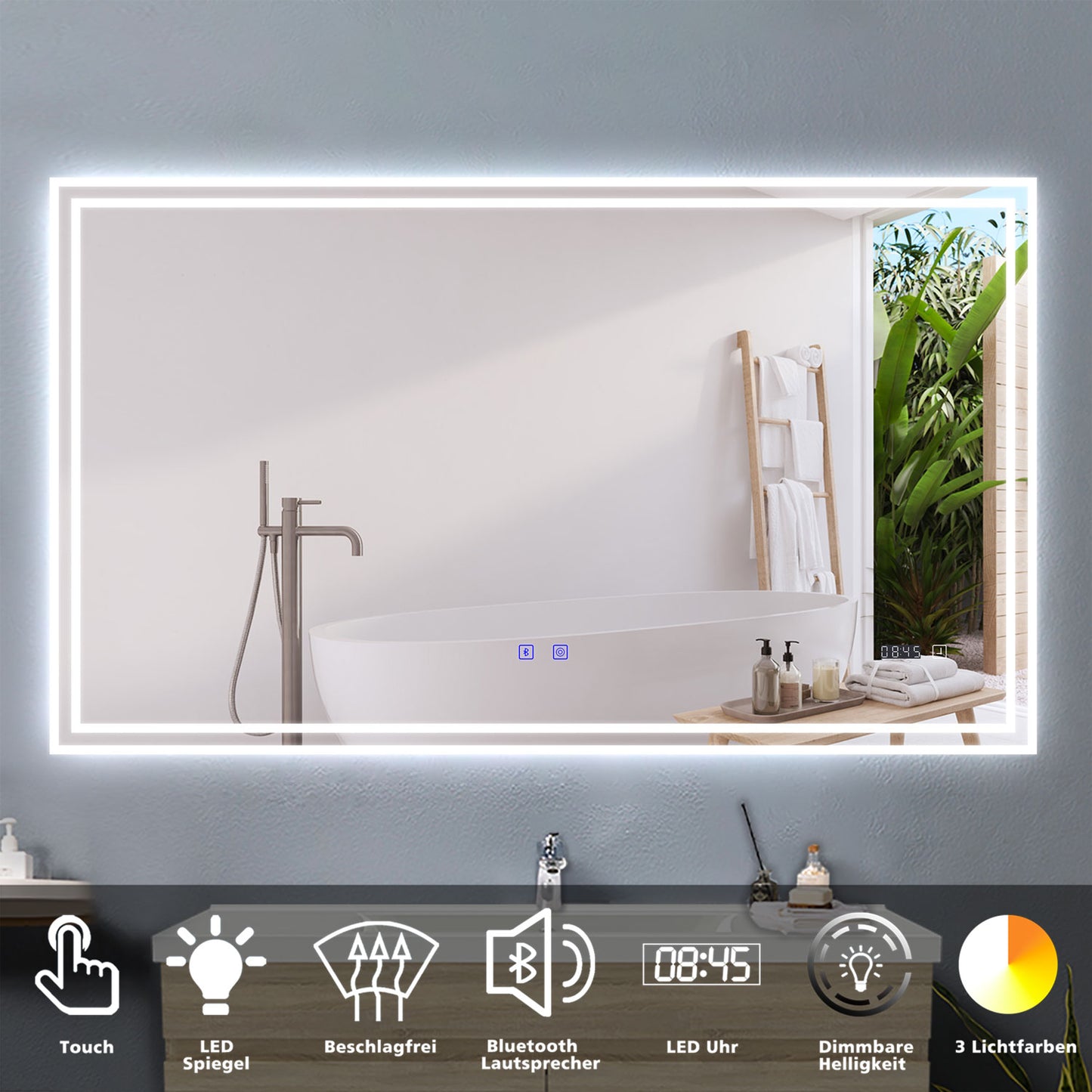LED Badzimmerspiegel mit Beschlagfrei Badspiegel Kaltweiß Neutralweiß Warmweiß Dimmbar Bluetooth Uhr Speicherfunktion Wandspiegel