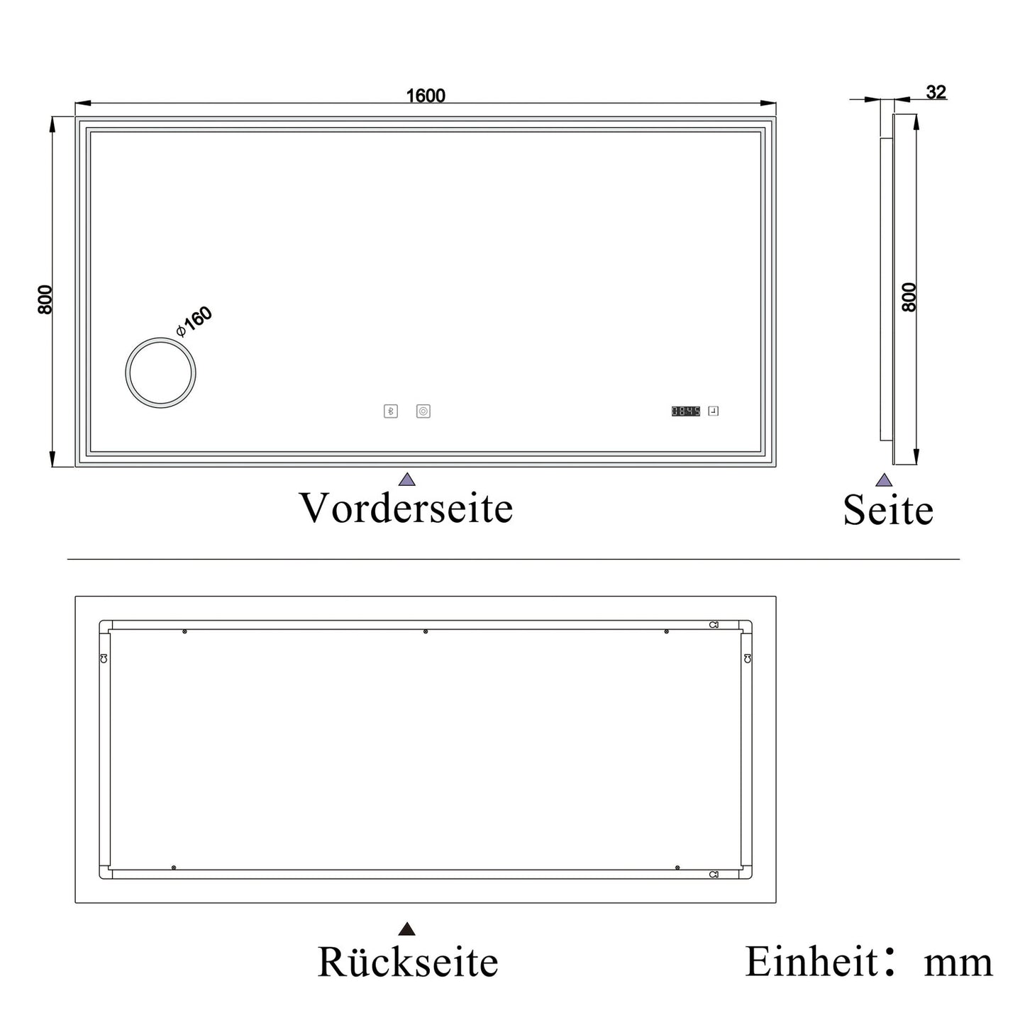 Badspiegel mit Beleuchtung 160x80cm LED Wandspiegel mit Bluetooth, Uhr,Touch und 3x Vergrößernder Kosmetikspiegel,Badezimmerspiegel Beschlagfrei 3 Lichtfarbe 2700-6500K Dimmbar,IP44