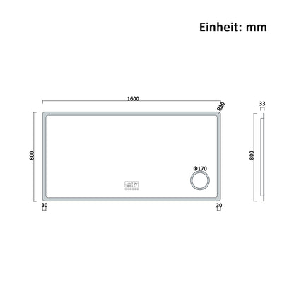 160x80cm LED Badspiegel mit Bluetooth,Touch und 3x Vergrößernder Kosmetikspiegel,Badspiegel mit Beleuchtung,Beschlagfrei,Badezimmerspiegel mit 3 Lichtfarbe 2700-6500K Dimmbar,IP44