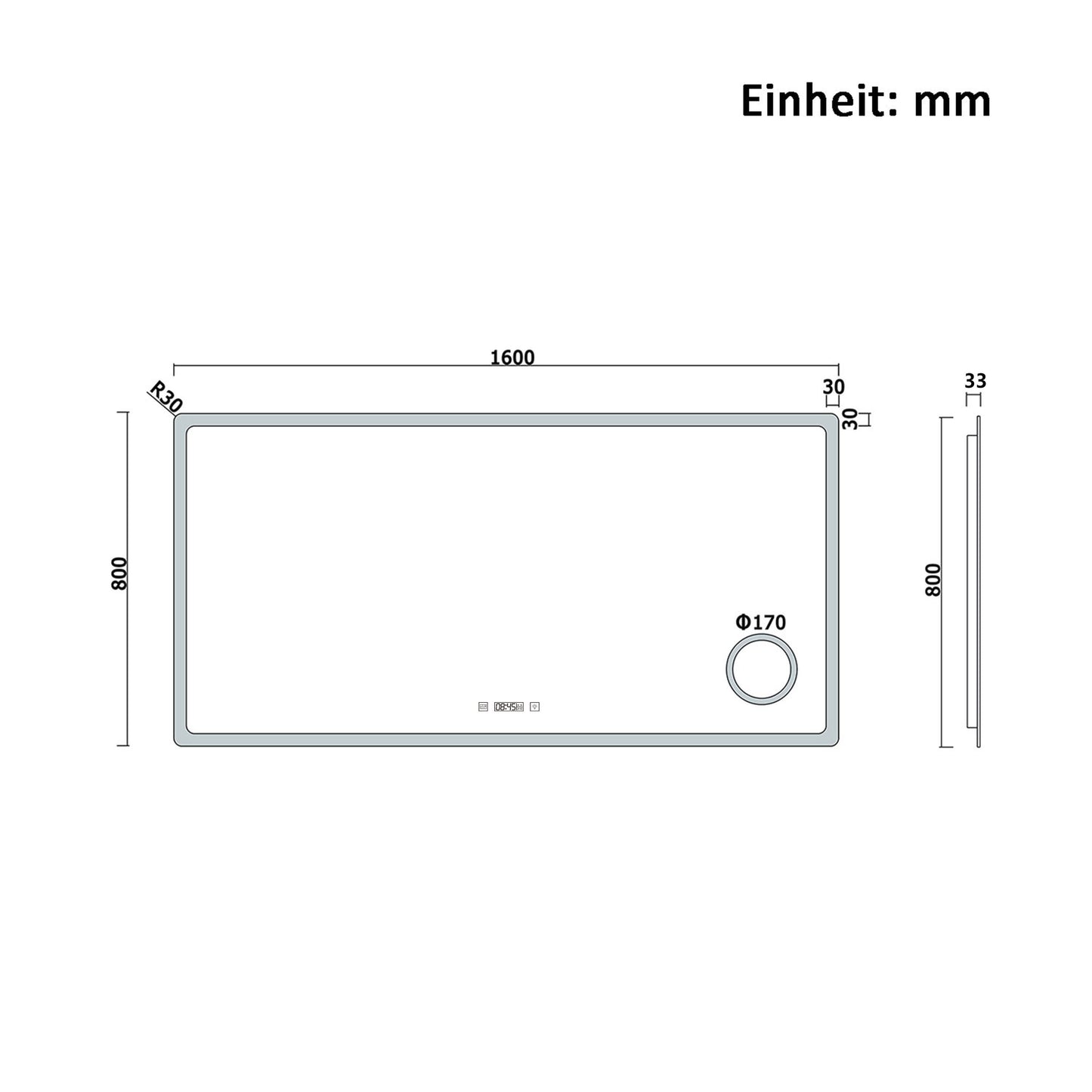 160x80cm LED Badspiegel mit Uhr,Touch und 3x Vergrößernder Kosmetikspiegel,Badspiegel mit Beleuchtung,Beschlagfrei,Badezimmerspiegel mit 3 Lichtfarbe 2700-6500K Dimmbar,IP44