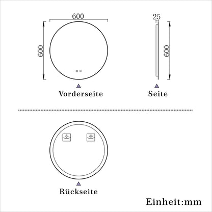 Rund Badspiegel 60cm LED Wandspiegel mit Touch/Wandschalter Beschlagfrei 3 Lichtfarbe+Dimmbar Badezimmerspiegel mit Beleuchtung IP44