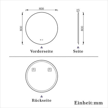 Rund Badspiegel 80cm LED Wandspiegel mit Touch/Wandschalter Beschlagfrei 3 Lichtfarbe+Dimmbar Badezimmerspiegel mit Beleuchtung IP44