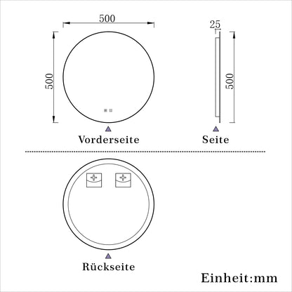 Rund Badspiegel 50cm LED Wandspiegel mit Touch/Wandschalter Beschlagfrei 3 Lichtfarbe+Dimmbar Badezimmerspiegel mit Beleuchtung IP44