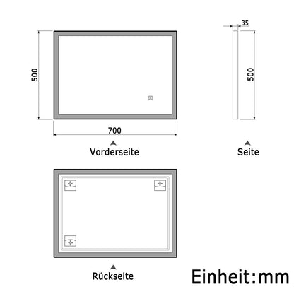 LED Wandspiegel 70x50cm Beschlagfrei Touch/Wandschalter 3 Lichtfarbe +Dimmbar Badspiegel mit Beleuchtung Badezimmerspiegel mit Schwarz Rahmen IP44