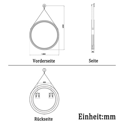 Runder Wandspiegel  mit Licht LED Beleuchtung Spiegel mit schwarzen gürtel Beschlagfrei