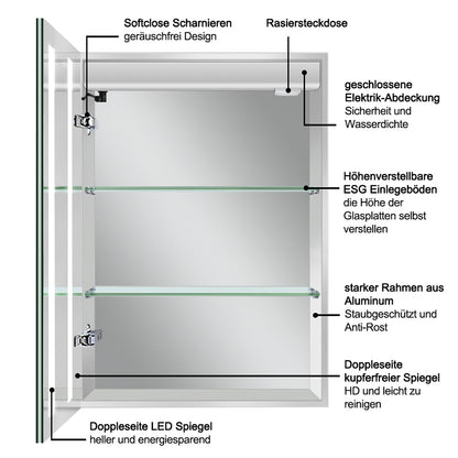 LED Spiegelschrank ARYA Badspiegelschrank mit Beleuchtung, Aluminium, beschlagfrei, Doppelseitiger Spiegel, Touch-Sensor Schalter, mit Steckdose, Kaltweiss