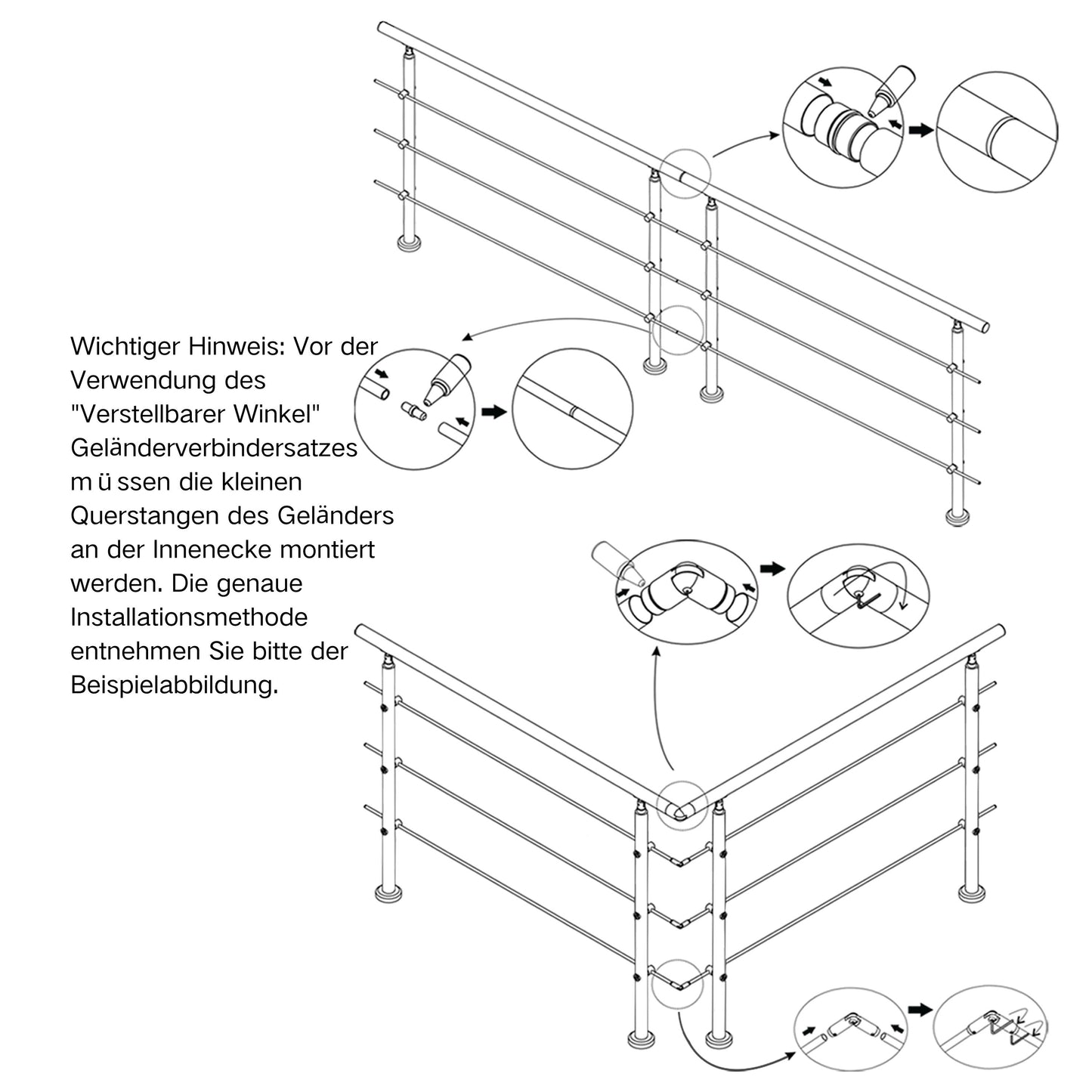 Edelstahl 304 V2A Geländer Verbinderset für geradlinige Verbindung mehrerer Geländer