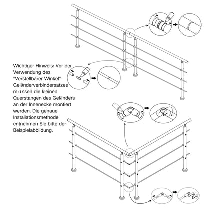 Edelstahl 304 V2A Geländer Verbinderset für geradlinige Verbindung mehrerer Geländer