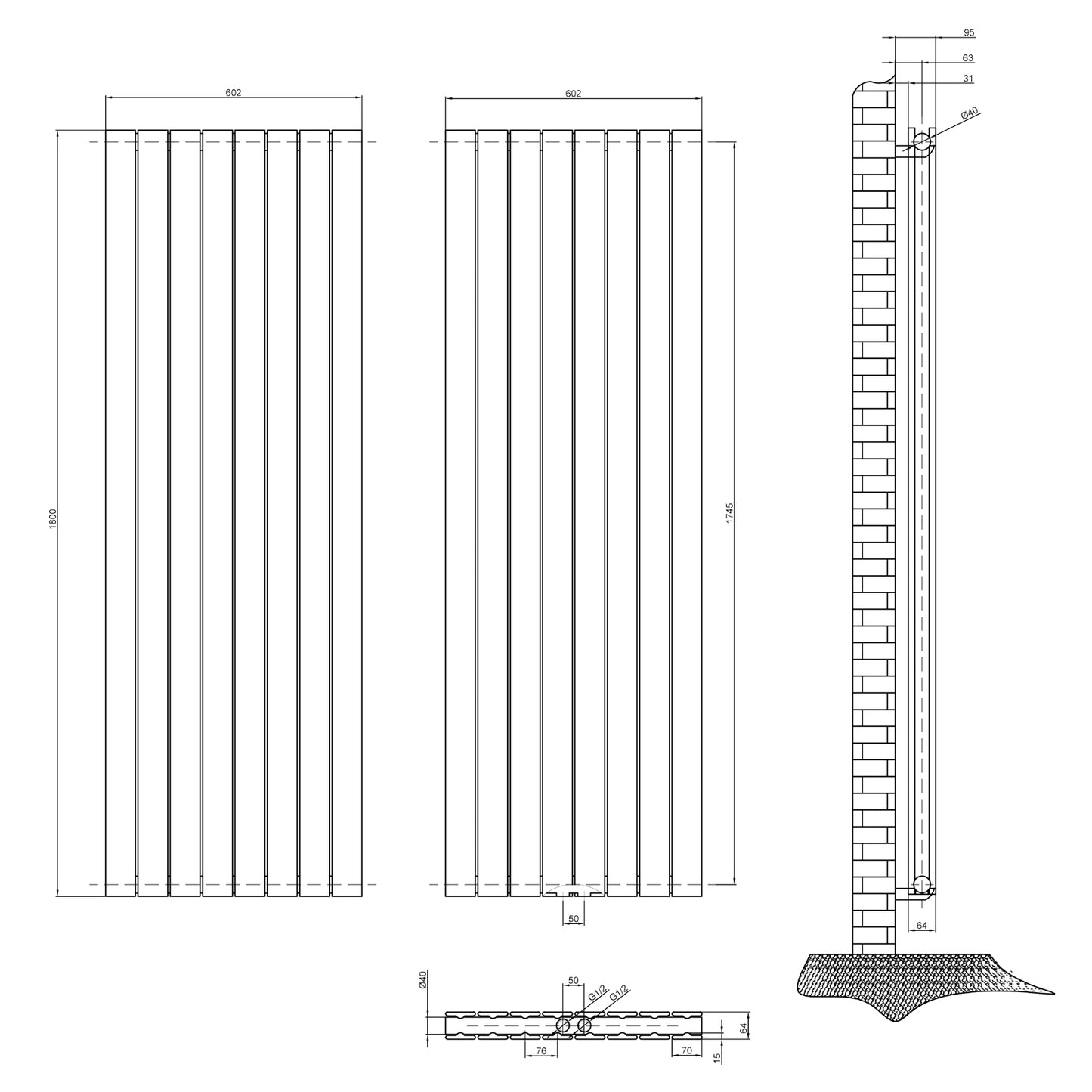 Design heizkörper flach 1800x602mm anthrazit Doppellagig