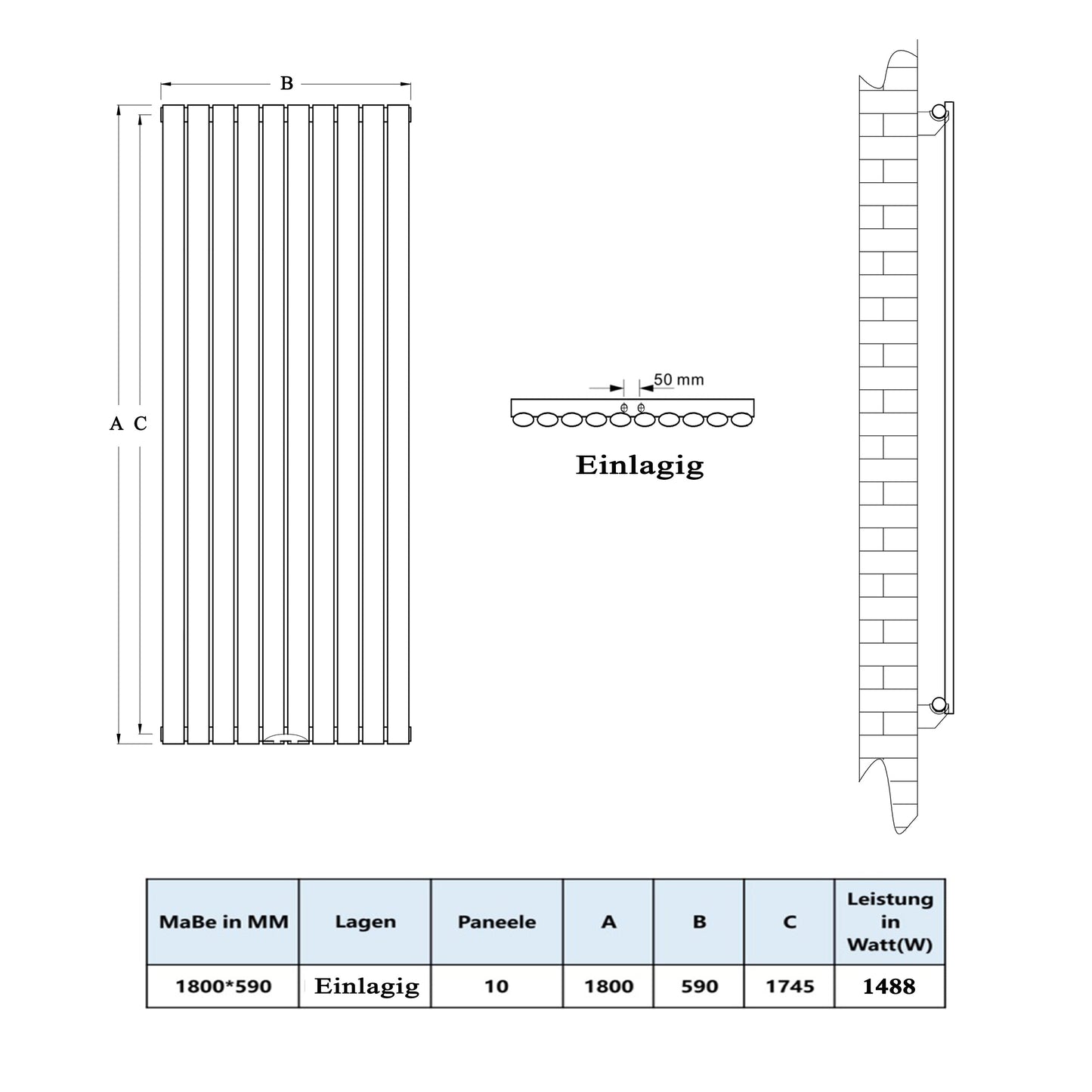 Design heizkörper oval 1800x590mm weiss Einlagig