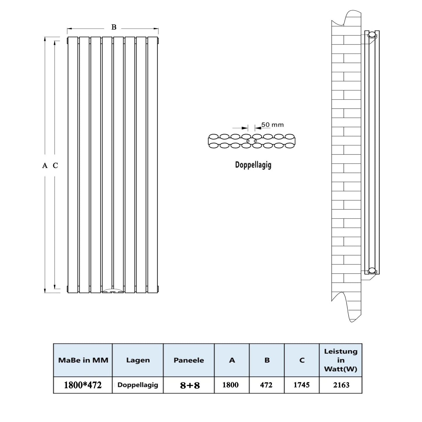 Design heizkörper oval 1800x472mm weiss Doppellagig