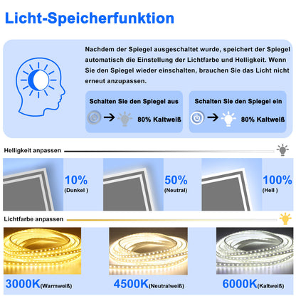 LED Badspiegel mit Beschlagfrei Badzimmerspiegel Spiegel Wandspiegel mit 3 Lichtfarbe Speicherfunktion