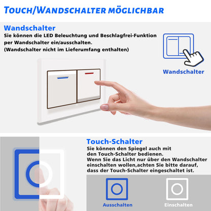 Badspiegel mit Beleuchtung,110x70cm LED Wandspiegel mit Wandschalter/Touch-Schalter,Beschlagfrei,Badezimmerspiegel mit 3 Lichtfarbe 2700-6500K Dimmbar,IP44