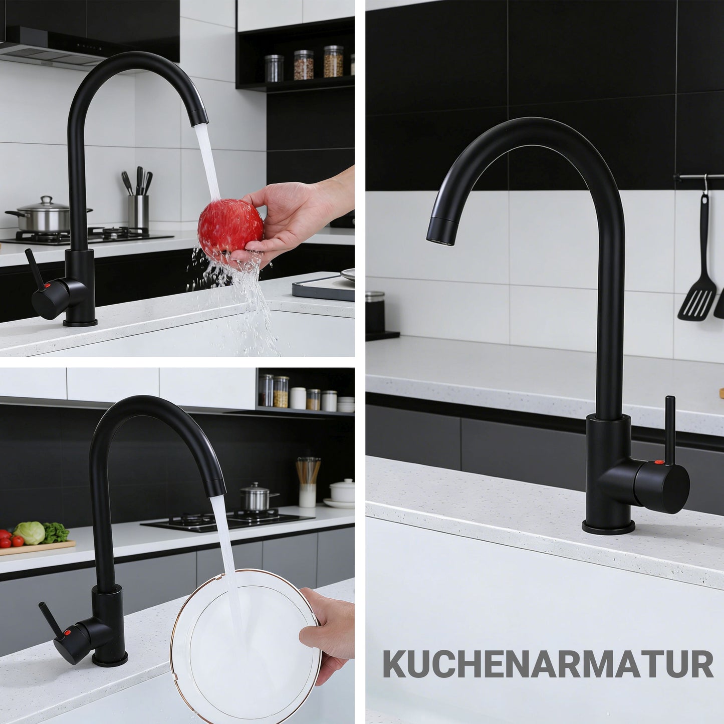 AICA 38cm Hochbogen Küchenarmatur mit Messingkern & 360° schwenkbar Wasserhahn Küche in Chrom & Schwarz Matt