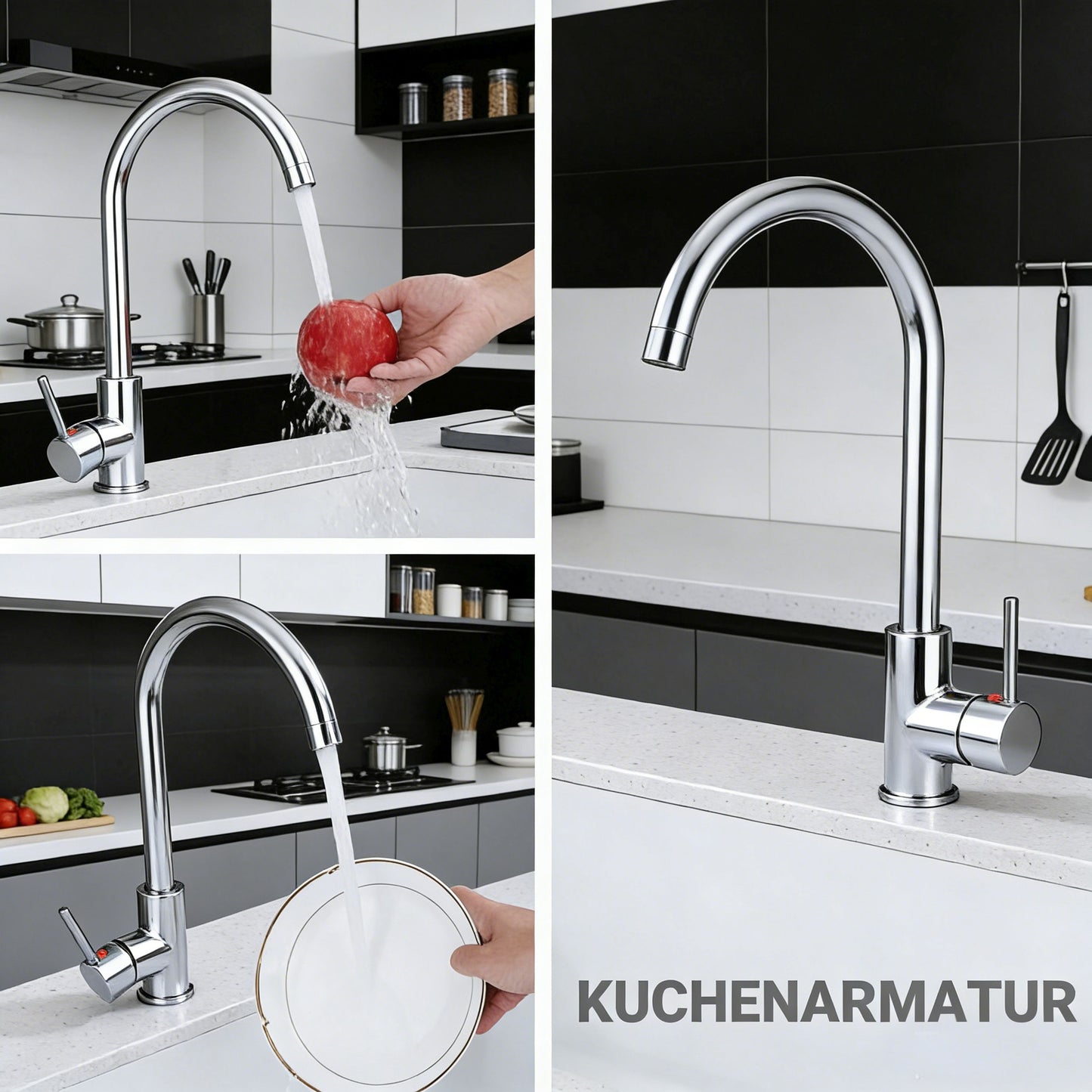 AICA 38cm Hochbogen Küchenarmatur mit Messingkern & 360° schwenkbar Wasserhahn Küche in Chrom & Schwarz Matt