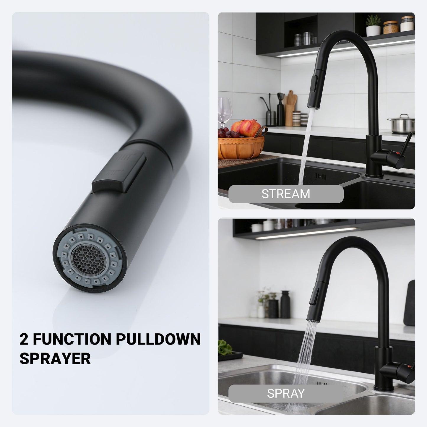 AICA Küchenarmatur mit ausziehbarer Brause & 2 Strahlarten Messingkern Wasserhahn Küche in Chrom & Schwarz Matt