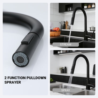 AICA Küchenarmatur mit ausziehbarer Brause & 2 Strahlarten Messingkern Wasserhahn Küche in Chrom & Schwarz Matt