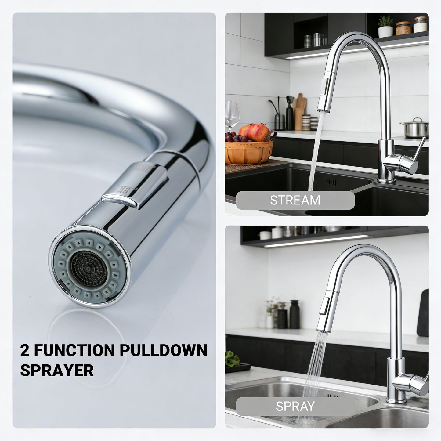 AICA Küchenarmatur mit ausziehbarer Brause & 2 Strahlarten Messingkern Wasserhahn Küche in Chrom & Schwarz Matt