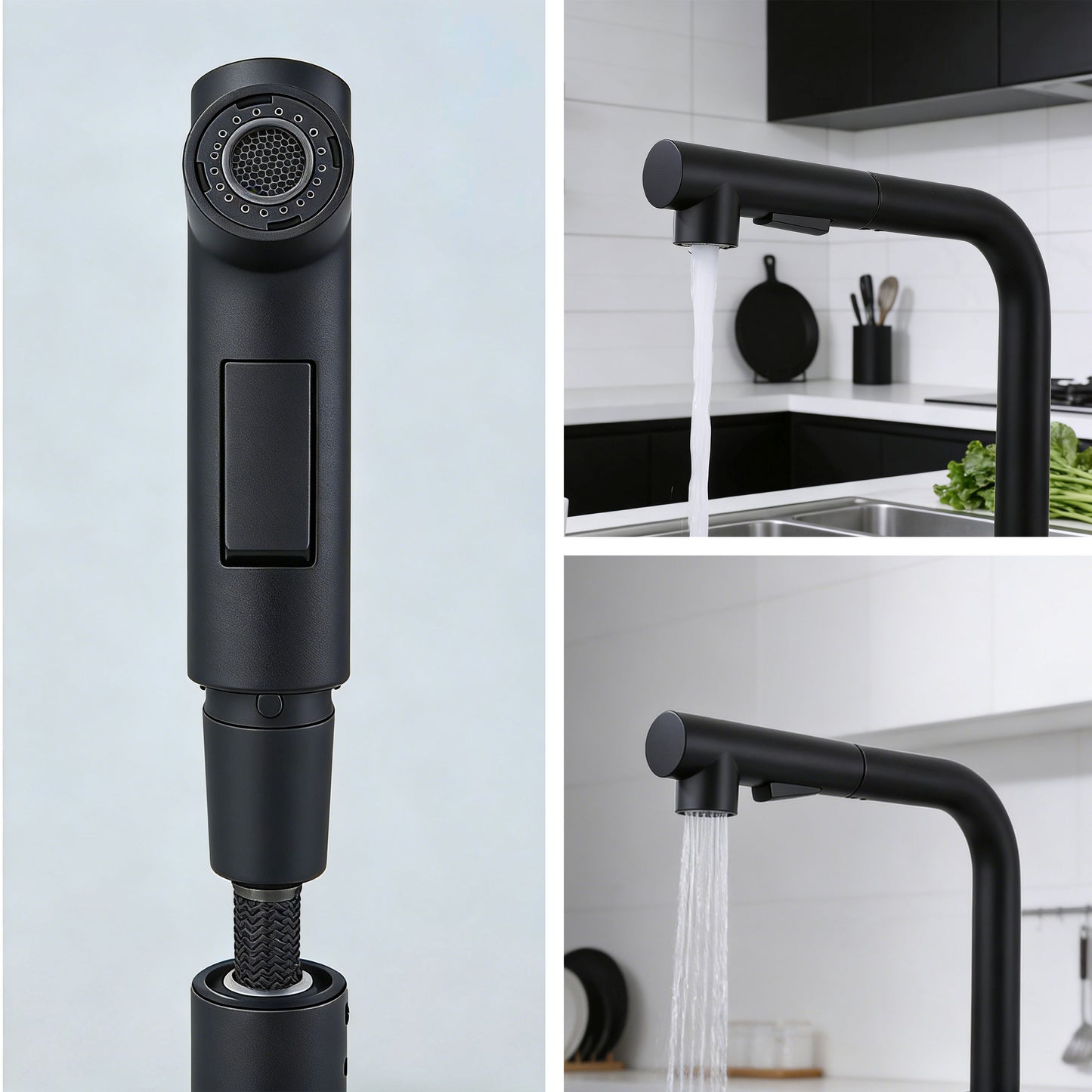 AICA L-förmige Küchenarmatur mit ausziehbarer Brause & 2 Strahlarten Wasserhahn Küche in Chrom & Schwarz Matt