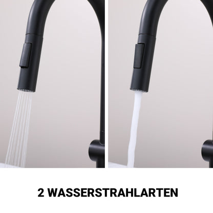 AICA Hochbogen Küchenarmatur mit ausziehbarer Brause & 2 Strahlarten Wasserhahn Küche in Chrom & Schwarz Matt