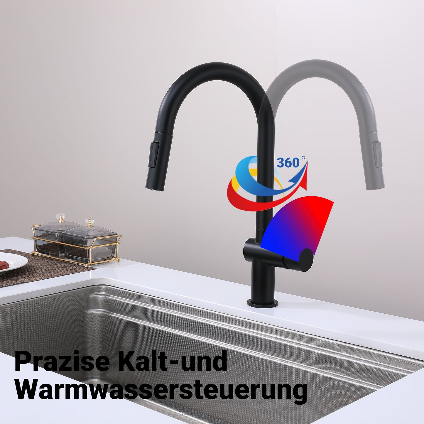 AICA Hochbogen Küchenarmatur mit ausziehbarer Brause & 2 Strahlarten Wasserhahn Küche in Chrom & Schwarz Matt
