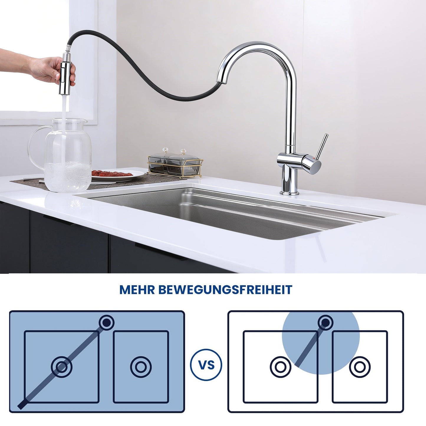 AICA Hochbogen Küchenarmatur mit ausziehbarer Brause & 2 Strahlarten Wasserhahn Küche in Chrom & Schwarz Matt