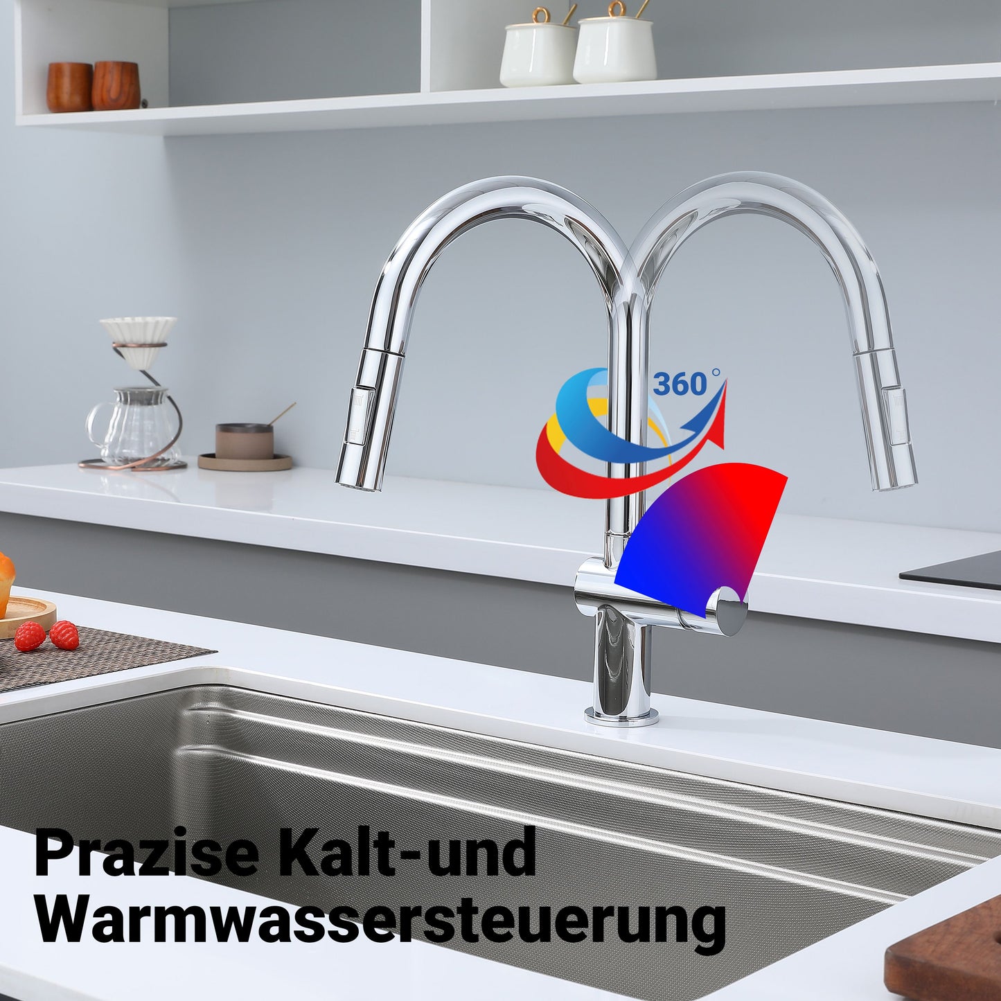 AICA Hochbogen Küchenarmatur mit ausziehbarer Brause & 2 Strahlarten Wasserhahn Küche in Chrom & Schwarz Matt