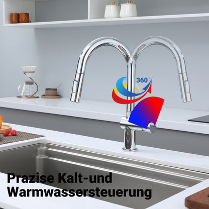 AICA Hochbogen Küchenarmatur mit ausziehbarer Brause & 2 Strahlarten Wasserhahn Küche in Chrom & Schwarz Matt