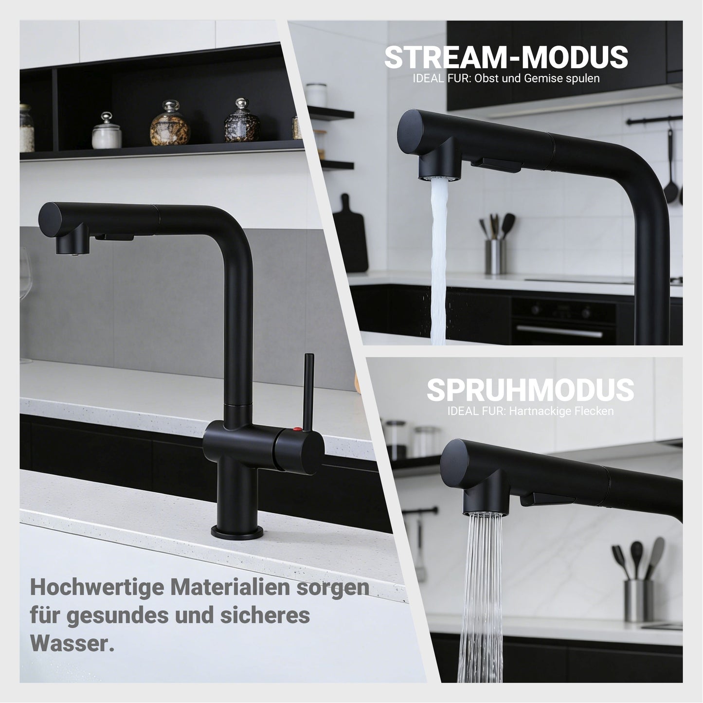 AICA L-förmige Hochbogen Küchenarmatur mit ausziehbarer Brause & 2 Strahlarten Wasserhahn Küche in Chrom & Schwarz Matt