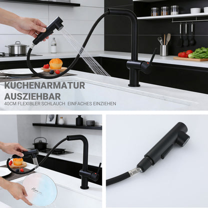 AICA L-förmige Hochbogen Küchenarmatur mit ausziehbarer Brause & 2 Strahlarten Wasserhahn Küche in Chrom & Schwarz Matt