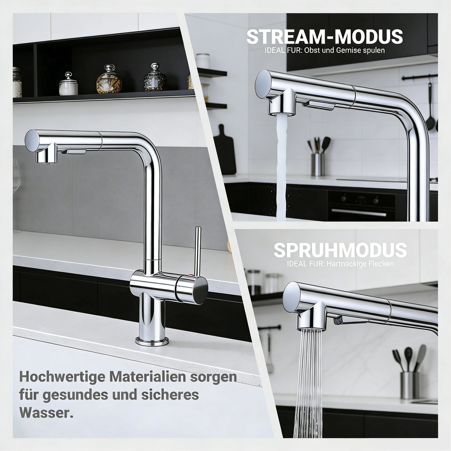 AICA L-förmige Hochbogen Küchenarmatur mit ausziehbarer Brause & 2 Strahlarten Wasserhahn Küche in Chrom & Schwarz Matt