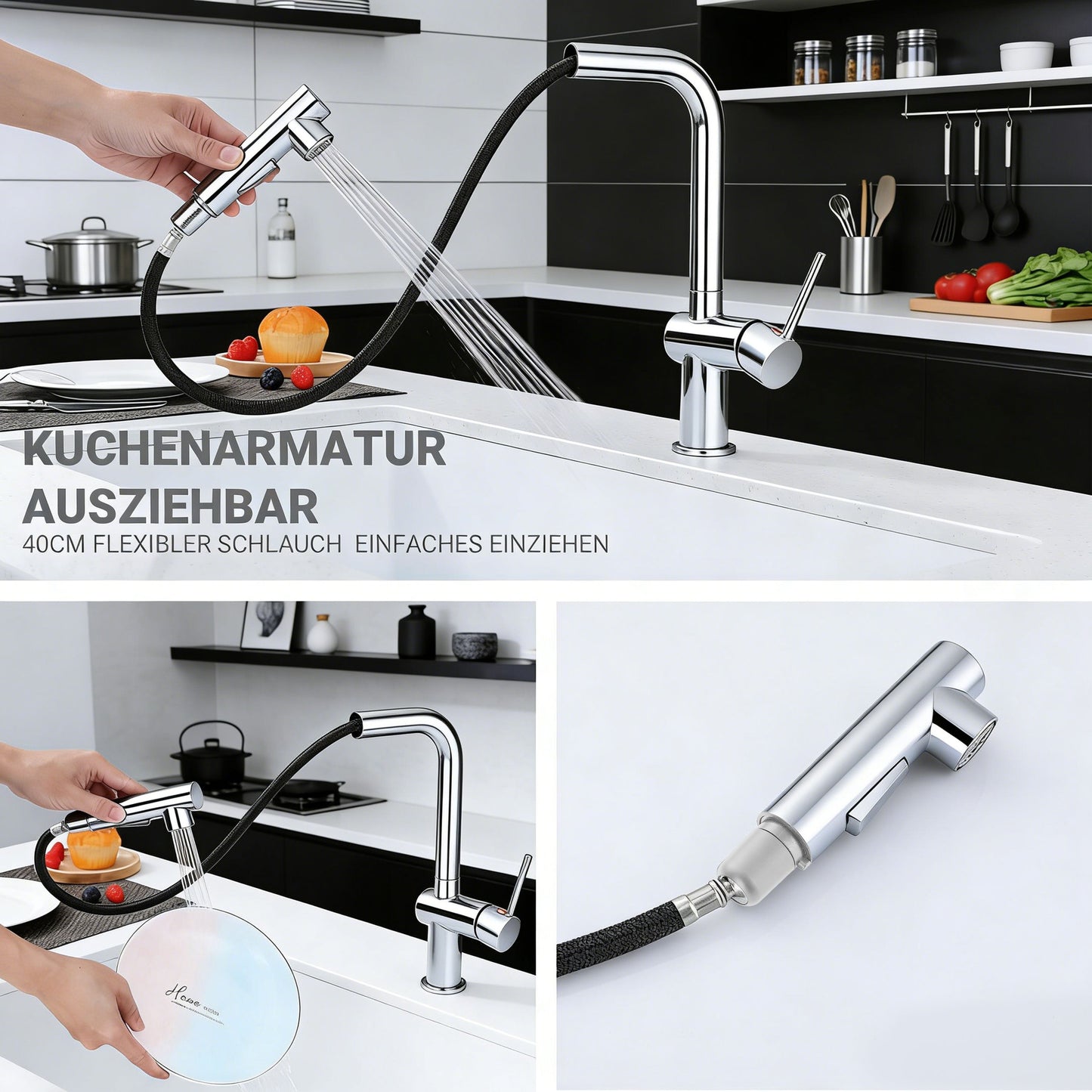 AICA L-förmige Hochbogen Küchenarmatur mit ausziehbarer Brause & 2 Strahlarten Wasserhahn Küche in Chrom & Schwarz Matt