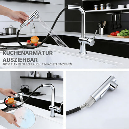 AICA L-förmige Hochbogen Küchenarmatur mit ausziehbarer Brause & 2 Strahlarten Wasserhahn Küche in Chrom & Schwarz Matt