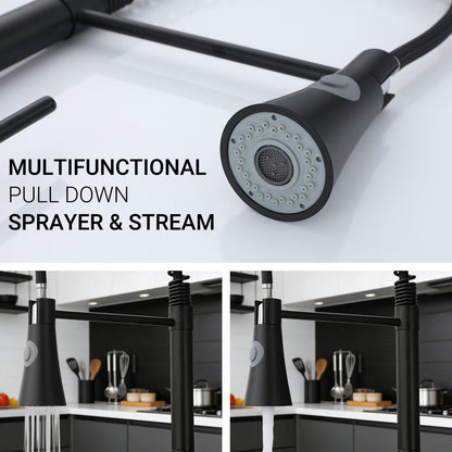 AICA Küchenarmatur Federzug Ausziehbarer Sprayer Messingkern Mischbatterie Wasserhahn Küche in Chrom & Schwarz Matt