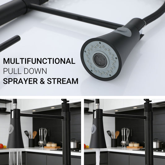 AICA Küchenarmatur Federzug Ausziehbarer Sprayer Messingkern Mischbatterie Wasserhahn Küche in Chrom & Schwarz Matt