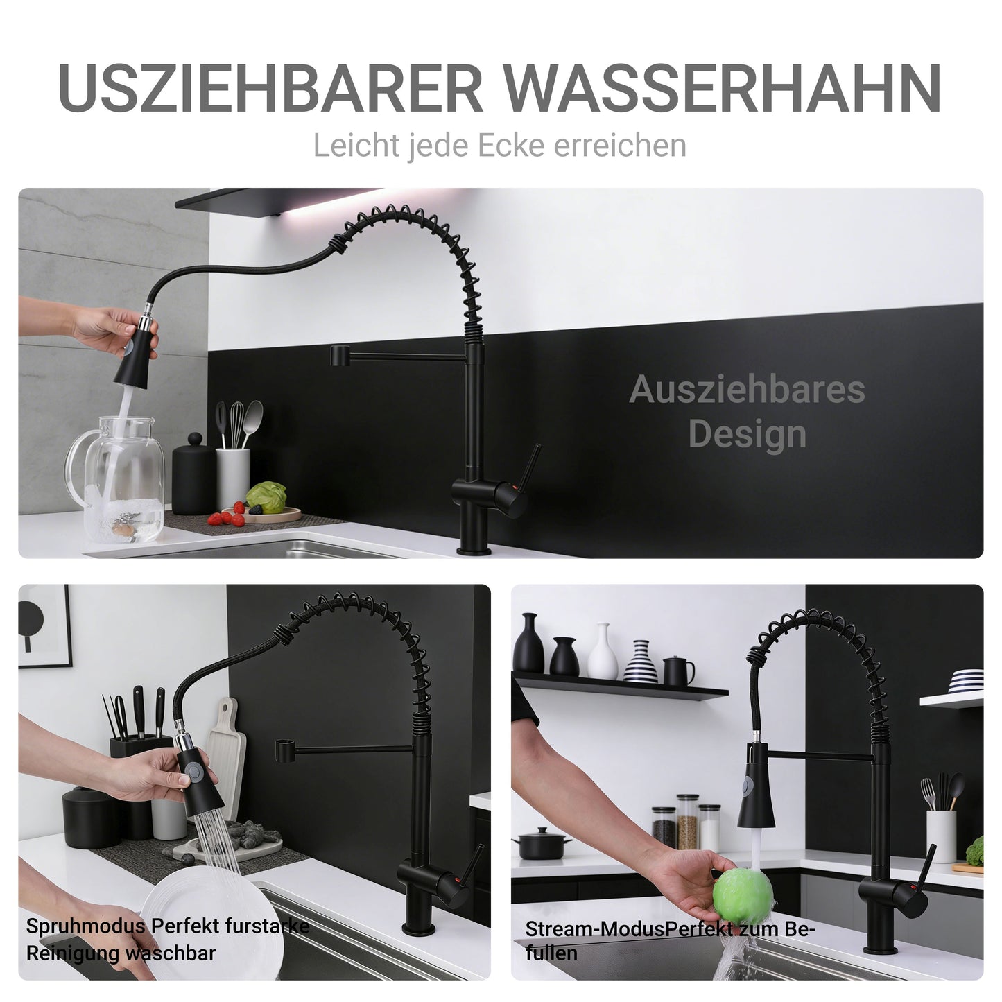 AICA Küchenarmatur Federzug Ausziehbarer Sprayer Messingkern Mischbatterie Wasserhahn Küche in Chrom & Schwarz Matt