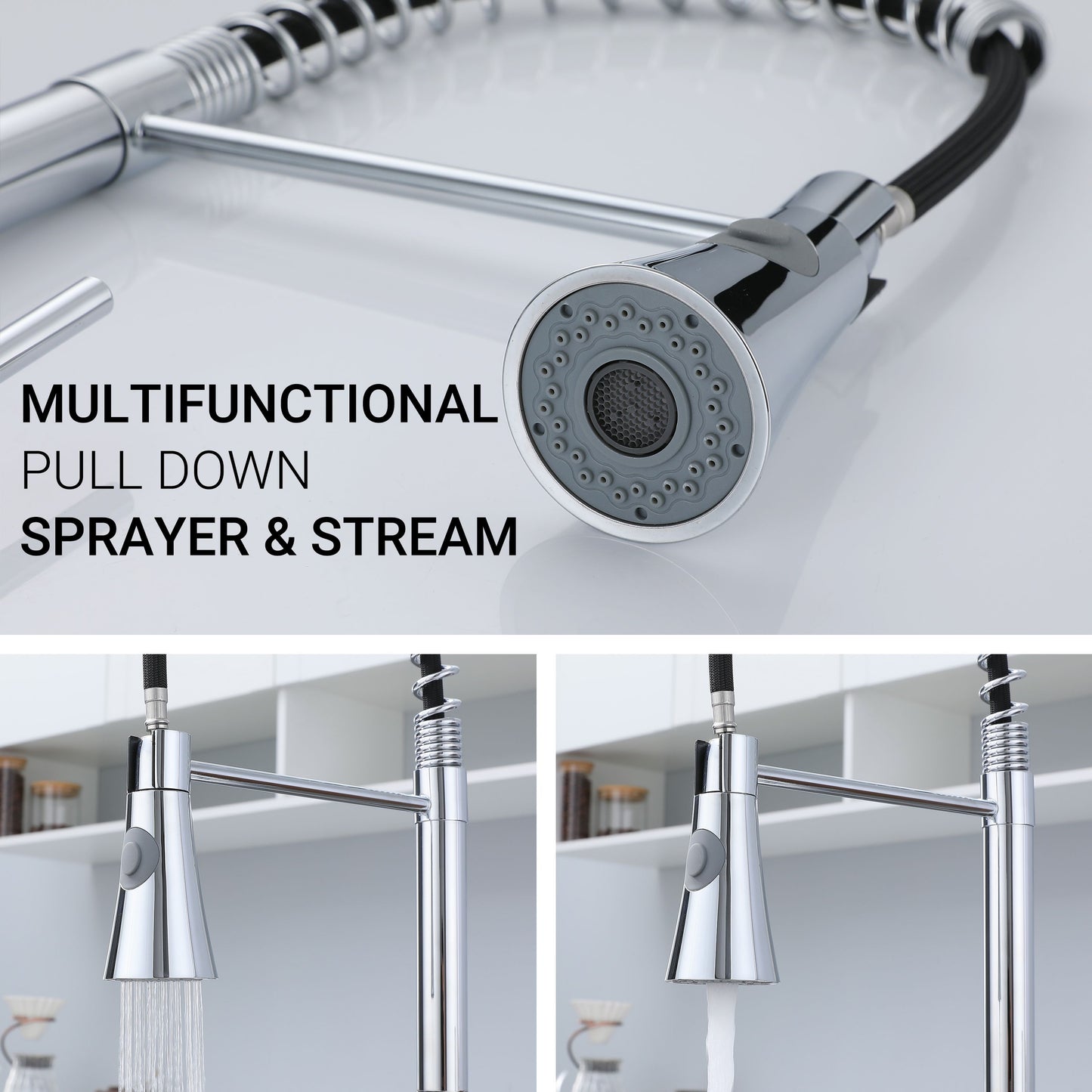 AICA Küchenarmatur Federzug Ausziehbarer Sprayer Messingkern Mischbatterie Wasserhahn Küche in Chrom & Schwarz Matt
